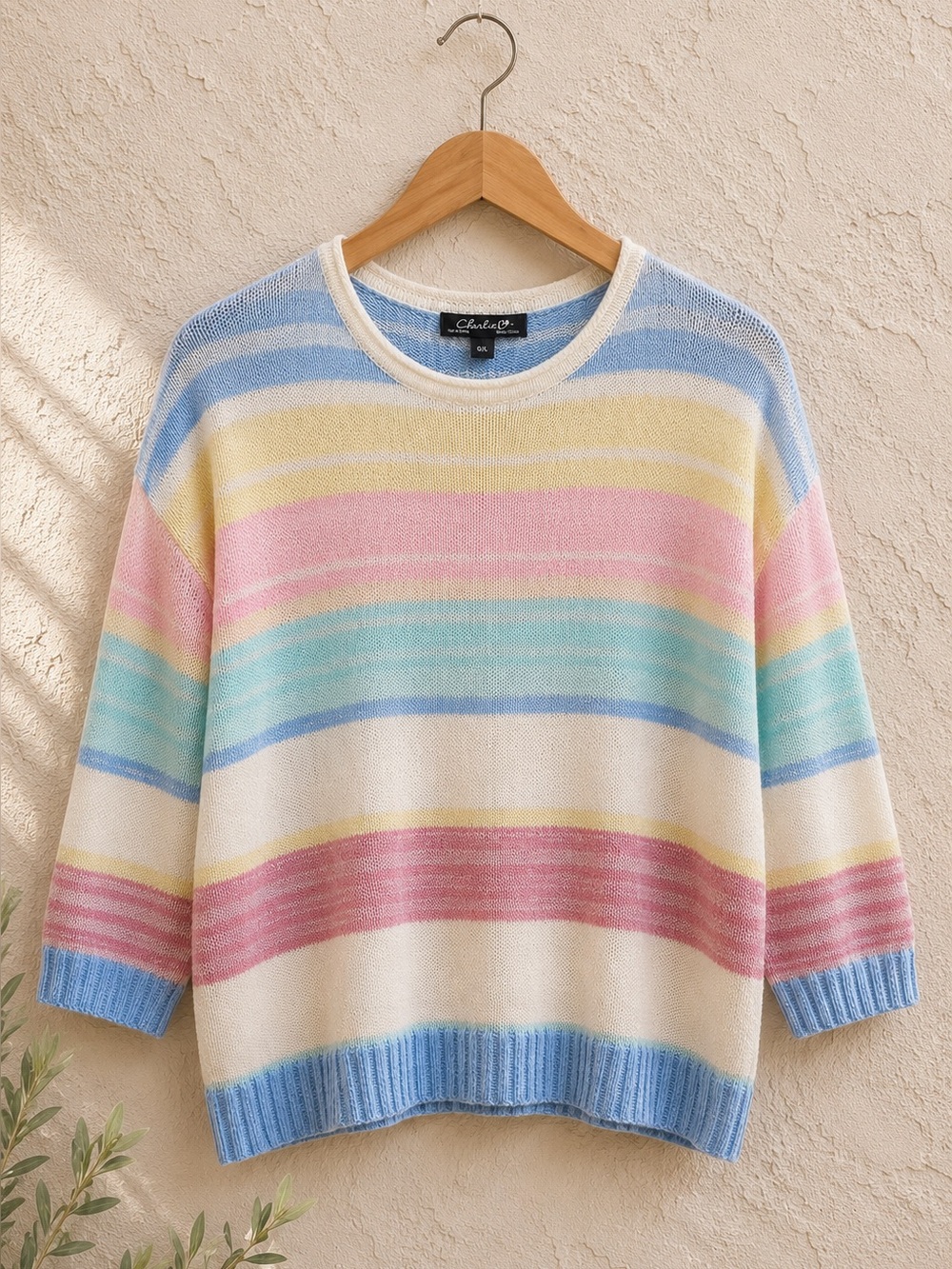Charlie B Pastel Rainbow Striped 3/4 Sweater Large Soft Cottagecore Knit
